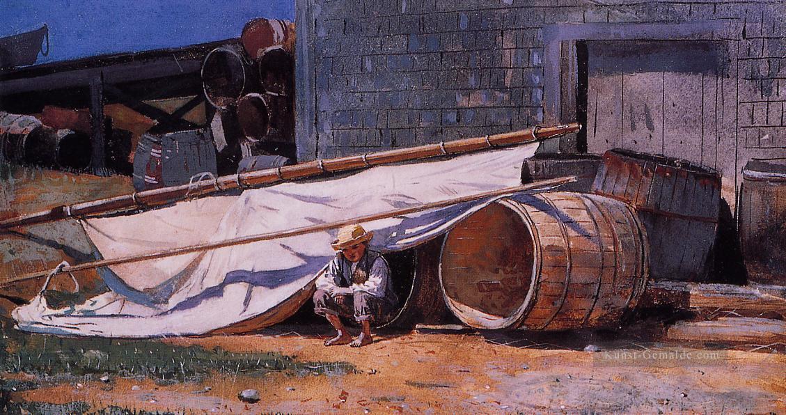 Jungen in einem Bauwerft aka Boy mit Barrels Realismus Winslow Homer malen Ölgemälde